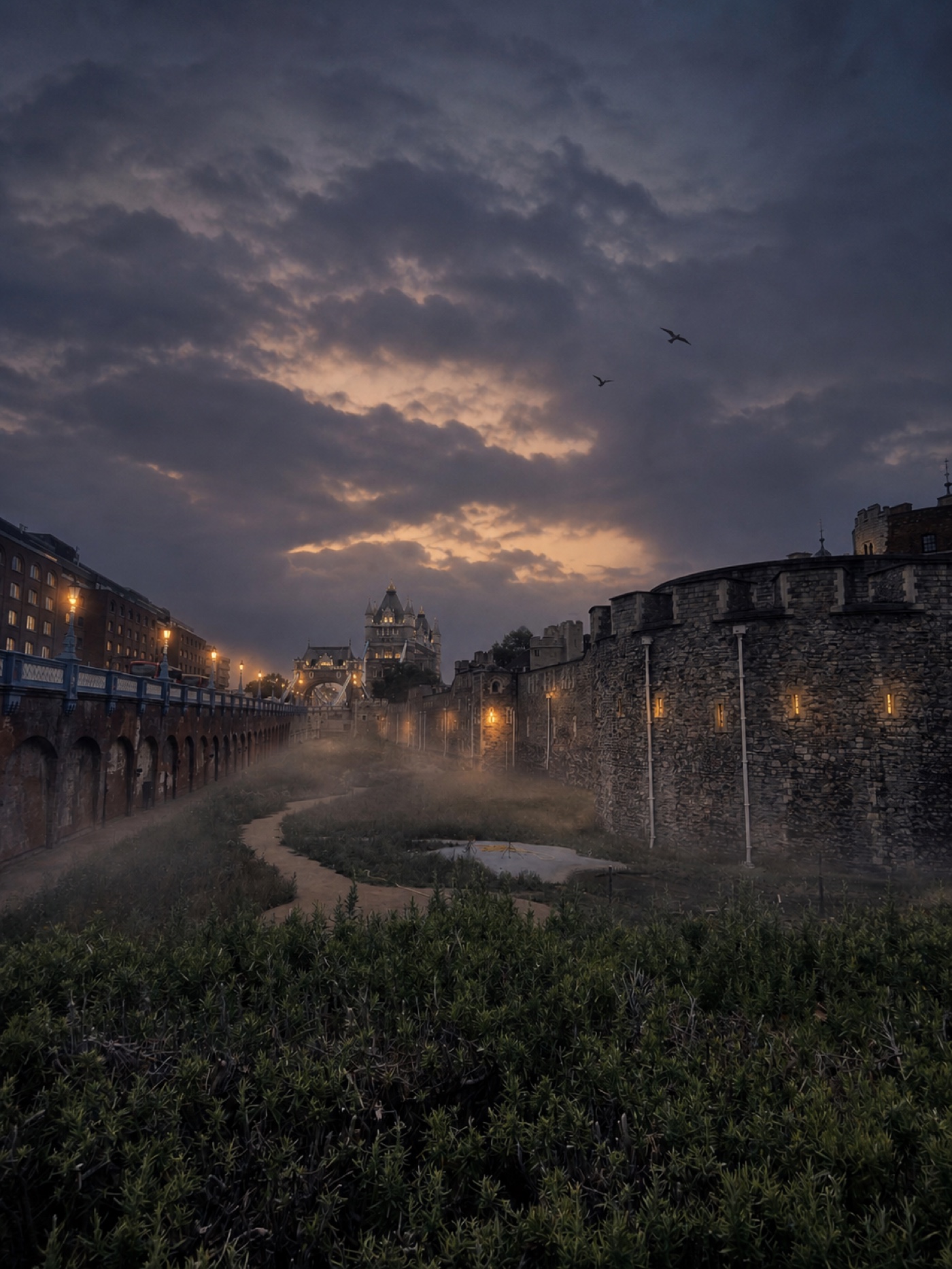 Mystisch veredelte Aufnahme der alten Tower-Mauern im Abendnebel mit zwei Raben