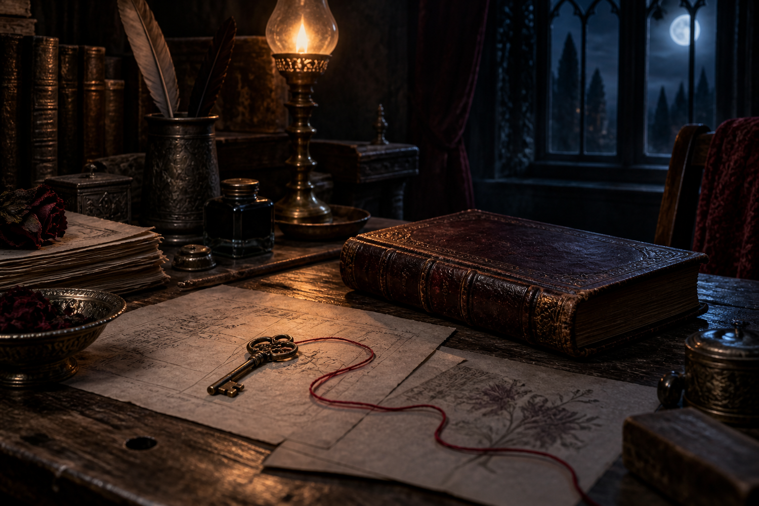 Atmosphärische Illustration: ein alter Schlüssel mit rotem Faden neben einem verschlossenen Buch im Lampenlicht
